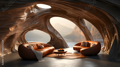 Modern grotto architecture interior with furniture and lake view