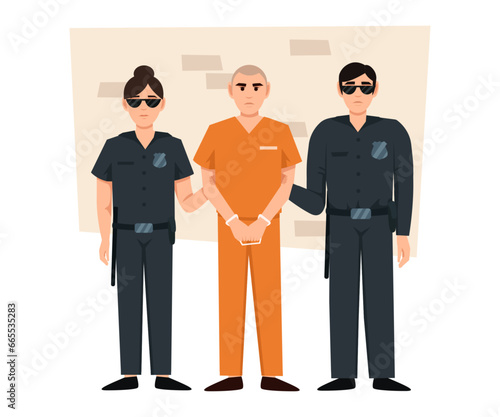 Prisoner in orange uniform. Cope and bandit. Vector flat illustration
