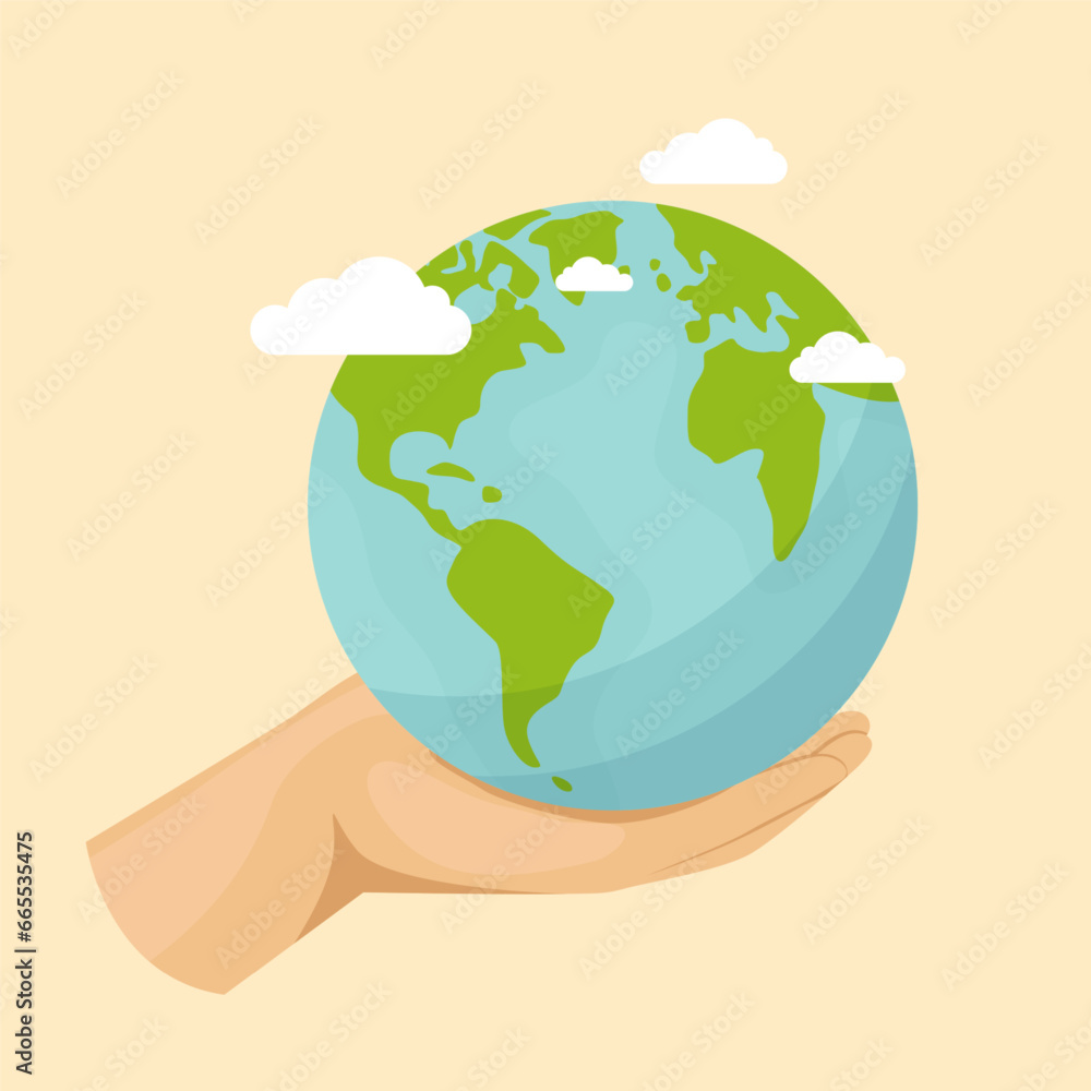 Fototapeta premium Save planet hands. Cartoon human hands hold different ecological symbols and elements, environment protection signs. Protection with Hand Taking Care of Green Planet