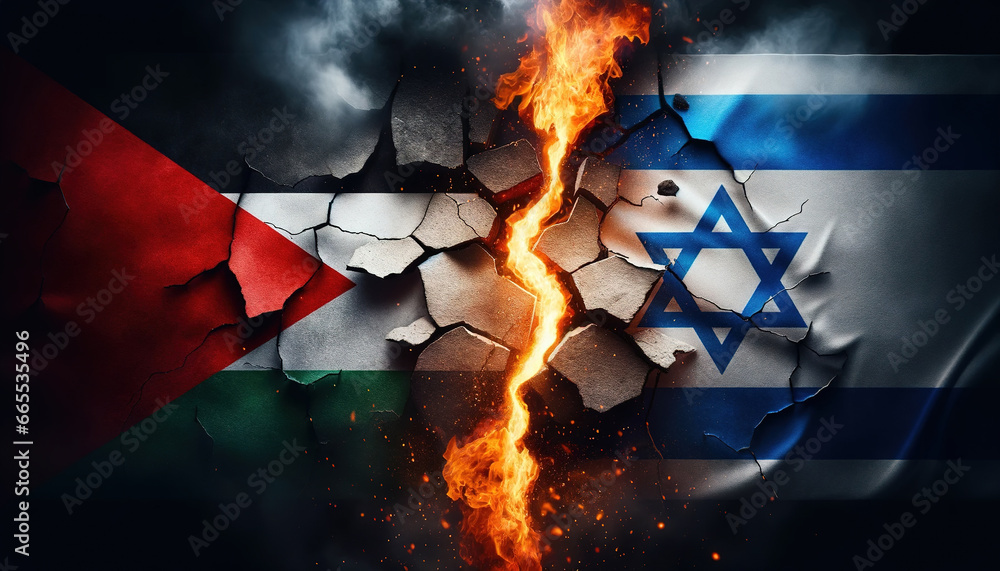 Israel vs Palestine National Flags Grunge Style with Fire Crack. Palestinian Gaza Strip War Conflict breaking relationship. Geopolitical Warfare crisis concept. Israel vs Hamas. Middle East security - obrazy, fototapety, plakaty 
