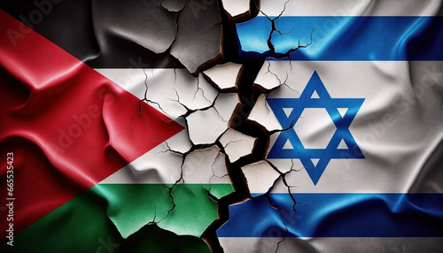 Israel vs Palestine National Flags Grunge Style with Crack. Palestinian Gaza Strip War Conflict breaking relationship. Geopolitical Warfare crisis concept. Israel vs Hamas. Middle East security