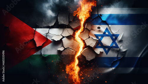 Photo Israel vs Palestine National Flags Grunge Style with Fire Crack