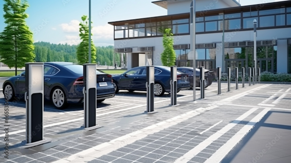 custom made wallpaper toronto digitalEV Car or Electric vehicle at public charging station with the power cable supply plugged . Eco-friendly sustainable energy concept.