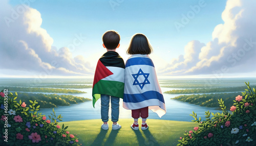Israel vs Palestine War Conflict. Children of Hope, Boy and Girl Covered in National Flags with Nature River Landscape. Stop War and Peace Agreement Unity Concept, Gaza Historical Struggles