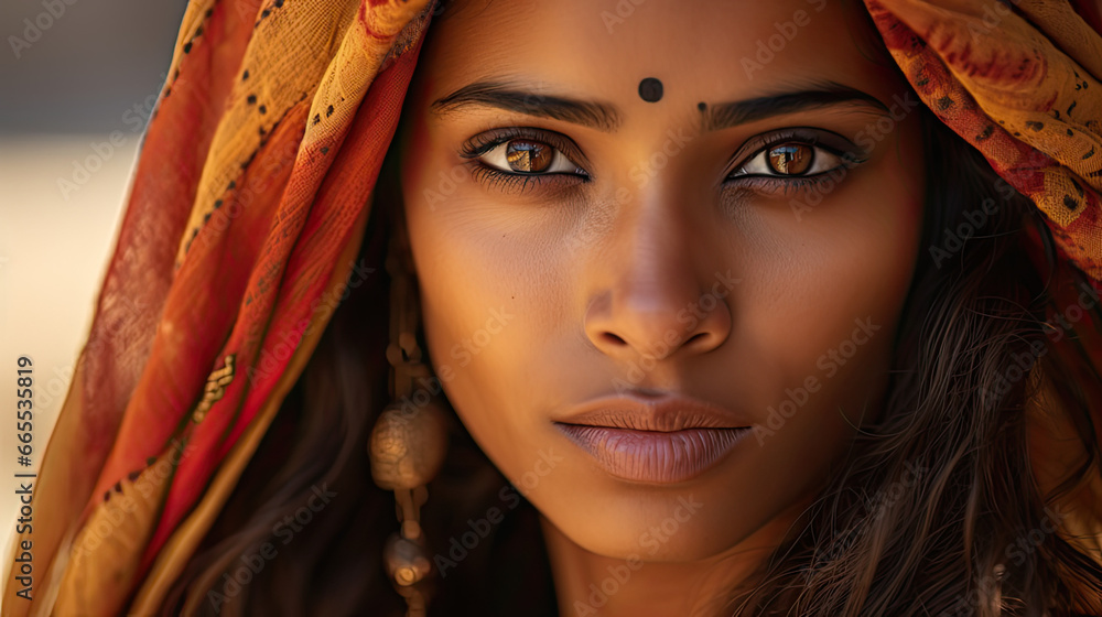Dramatic Indian Portrait Photography - Vibrant Tradition Meets Modern Glamour in Close-up Elegance. Generative AI