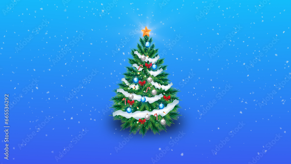 Christmas tree with falling snow background