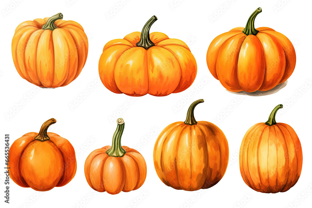 A set of Halloween and Thanksgiving pumpkins isolated on a white or transparent background, painted in watercolor vector illustration art, PNG. A set of Halloween and Thanksgiving pumpkins isolated on a white or transparent background, painted in watercolor vector illustration art, PNG.