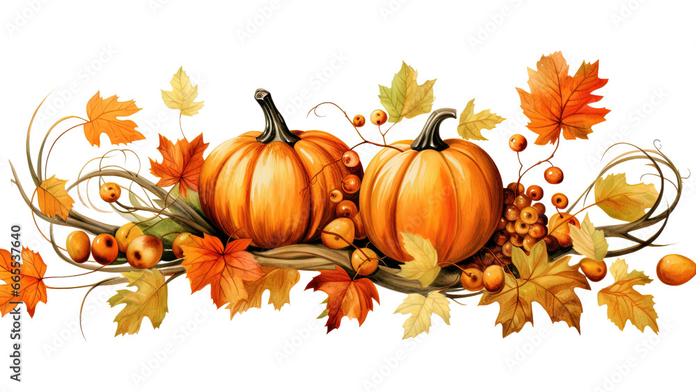 Naklejka premium Autumn Leaves and Pumpkin Composition Watercolor Clip Art Illustration, White or Transparent Background for Halloween and Thanksgiving. PNG