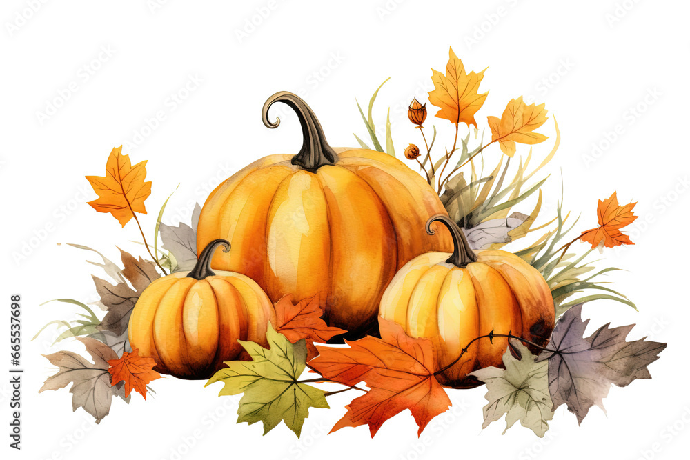 Autumn Leaves and Pumpkin Composition Watercolor Clip Art Illustration, White or Transparent Background for Halloween and Thanksgiving. PNG Autumn Leaves and Pumpkin Composition Watercolor Clip Art Illustration, White or Transparent Background for Halloween and Thanksgiving. PNG