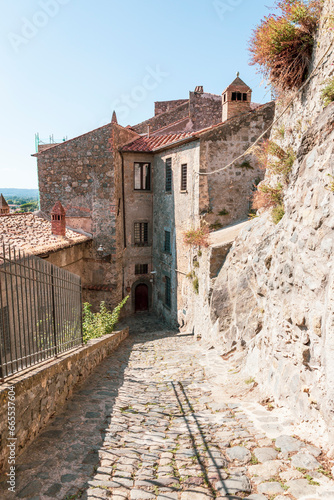 a cobbled street with traditional old houses in Bolsena  province of Viterbo  Lazio  Italy