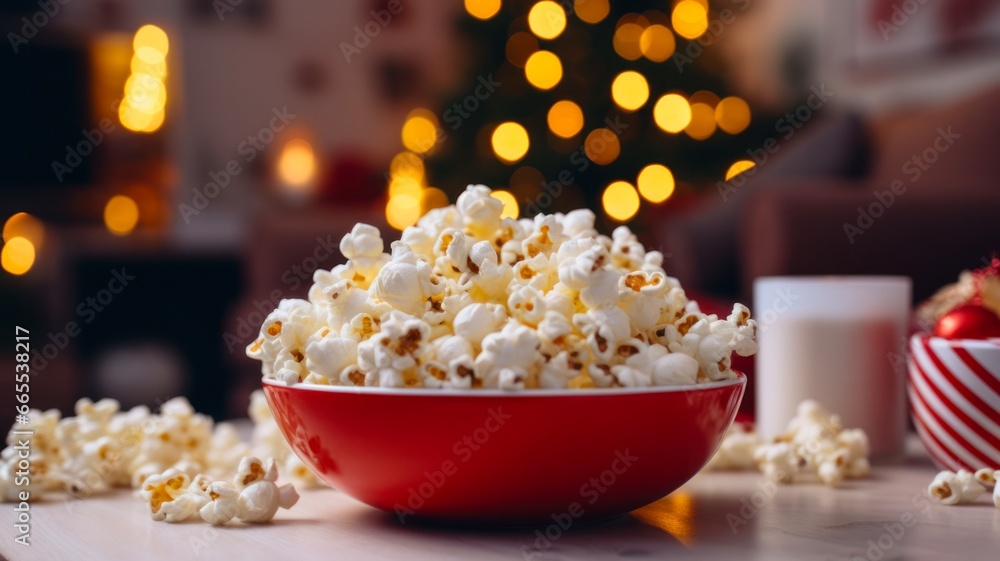 Close-Up Red Popcorn Bowl for Christmas Eve Home Cinema with TV and Tree Close-Up Red Popcorn Bowl for Christmas Eve Home Cinema with TV and Tree