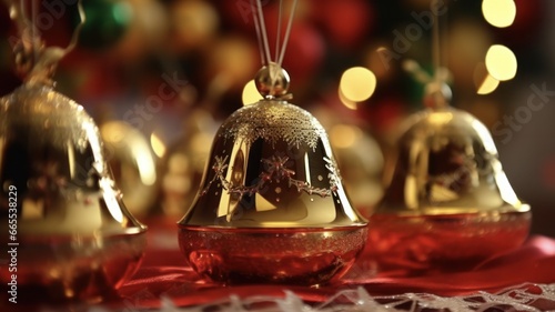 Closeup Shot of Christmas Handbells and Music Sheets Adorned with Festive Decorations photo