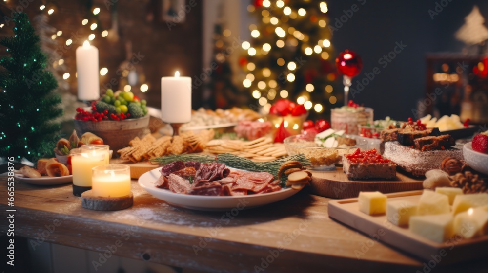 Delicious Christmas Appetizers Spread on a Festive Table with Alcohol, Cheese, Bread and Champagne
