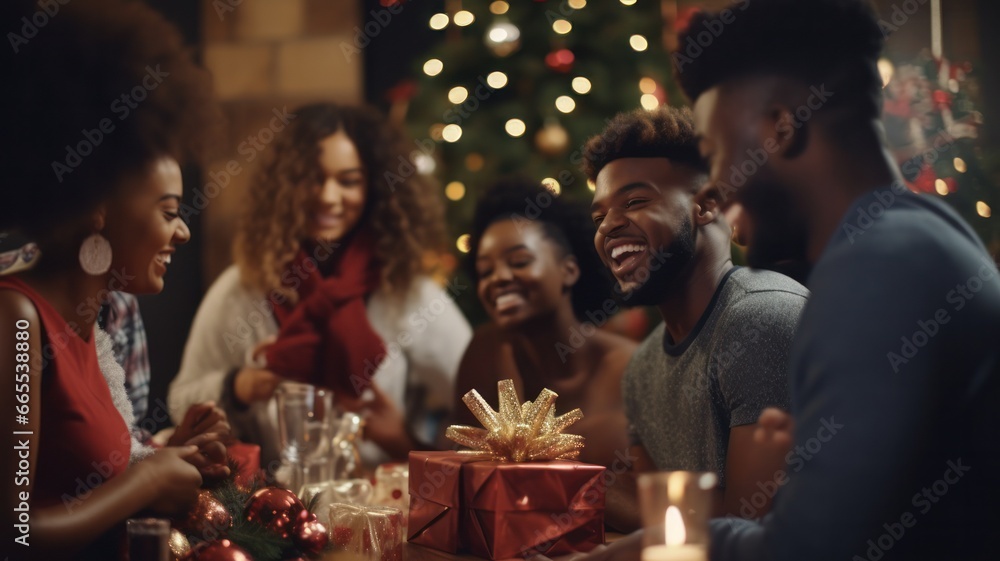Diverse Group of African American and Caucasian People Celebrate Christmas with Decorations and Cheerful Children around the Dining Table Diverse Group of African American and Caucasian People Celebrate Christmas with Decorations and Cheerful Children around the Dining Table