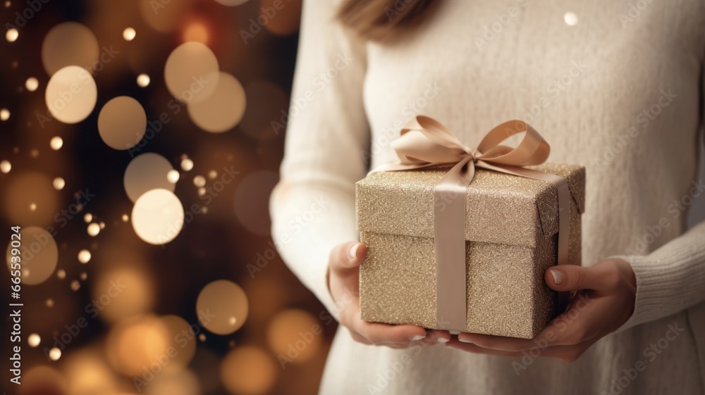 Excite the Festive Season: Construct Your Christmas Order Early & Be Generous, with a Woman Holding a Gift Box Against a Christmas Decorated Background, as Santa's Arrival
