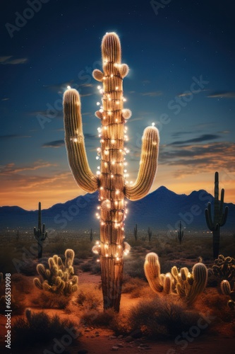 Festive Arizona: Saguaro Cactus Adorned with Christmas Lights photo