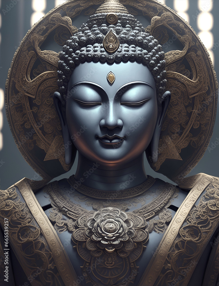 Statue of God Buddha. Decorative digital painting. Color illustration for background. Picturesque portrait for the interior. Wall mural, poster or picture for home. Generative AI.