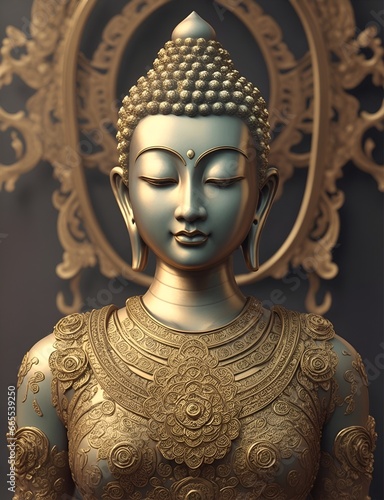 Statue of God Buddha. Decorative digital painting. Color illustration for background. Picturesque portrait for the interior. Wall mural, poster or picture for home. Generative AI.