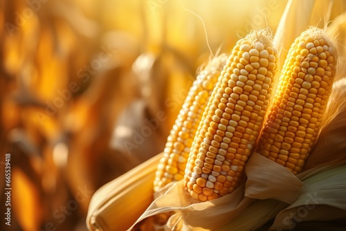 Photo of yellow corns with the kernels attached to the cob in organic corn field background made with AI Generated