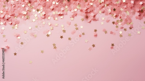 Festive Christmas Lights and Sparkling Gold Confetti Stars on Pink Pastel Background for Happy Holidays and Celebrations - Top View Flat Lay