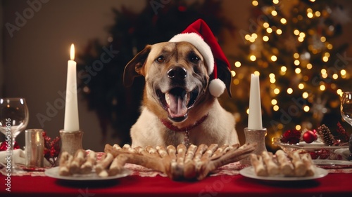 Festive Fido: A Close-Up Portrait of a Cheerful Canine with Reindeer Horns, Celebrating Christmas with a Bone Treat on a Festive Table