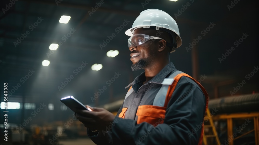 African American industrial specialist doing work in a metal manufacture warehouse using tablet computer. African American industrial specialist doing work in a metal manufacture warehouse using tablet computer.