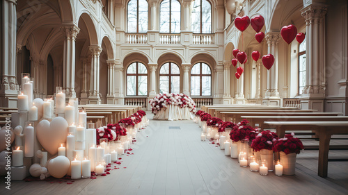 Fotografia 3D rendering of a hall decorated for Valentine's Day, Wedding or Christmas with red hearts and candles