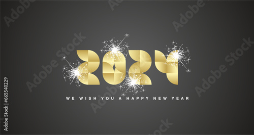 Happy New Year 2024 event modern rounded elements shining light golden abstract lettering. Typography composed of quarter circles with sparkle firework. 2024 logo icon on black background
