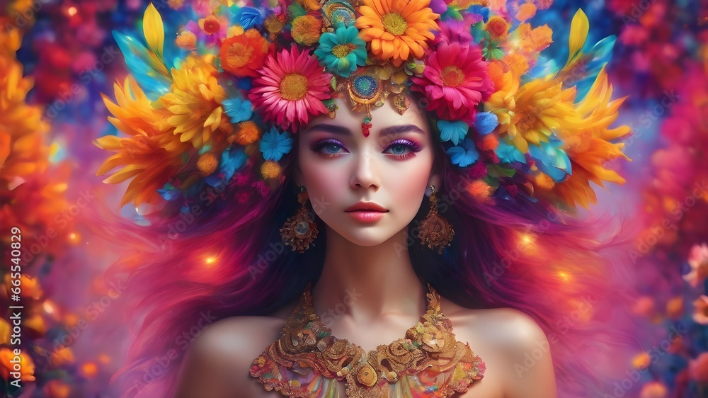 Woman with a flower around her body and face in a colorful background Woman with a flower around her body and face in a colorful background