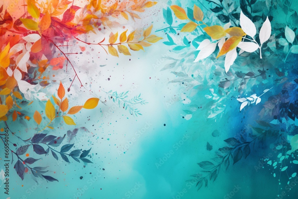 Bright, vibrant foliage with shadows and sparkling accents against light blue backdrop with splattered white paint. Perfect for custom designs. Generative AI