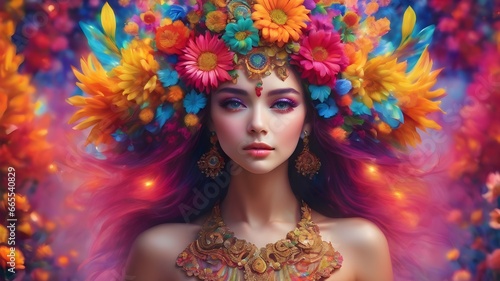 Woman with a flower around her body and face in a colorful background © adidesigner23