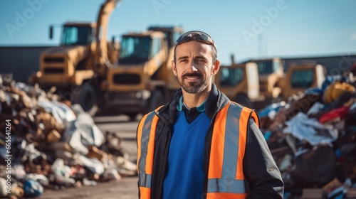 Male worker standing on front of a pile of scrap at recycling center.
