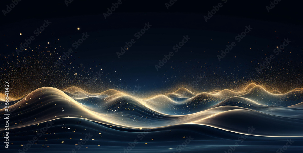 Abstract rendering of high-tech structure, main visual background of data communication annual conference with blue and gold technology glitter lines - obrazy, fototapety, plakaty 