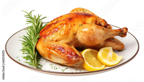 Roasted Chicken with Garnish on Plate, Halloween and Thanksgiving Grilled Chicken with Salad, Isolated on White Transparent Background, PNG