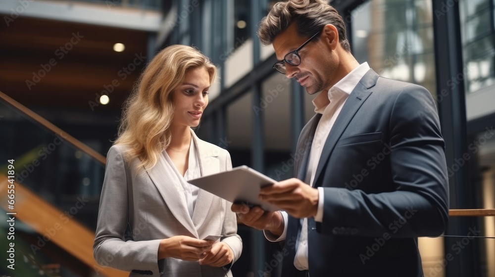 Business people analysing a financial report together in modern office. Business people analysing a financial report together in modern office.