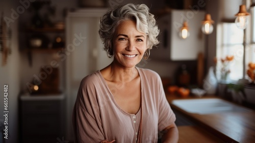 Portrait of Smiling middle aged woman in home.