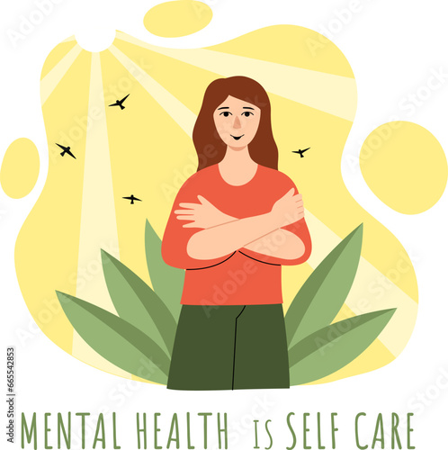 Vector illustration of a woman hugging herself. Concept of self-love, self-care and self-acceptance in flat style. Concept of self-love, self-care, positive thinking.