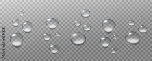 Realistic vector water drops png on a transparent light background. Water condensation on the surface with light reflection and realistic shadow. 3d vector illustration