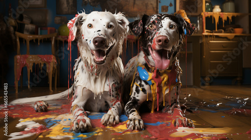 Dogs playing and smiling with color powder exploding in studio setting