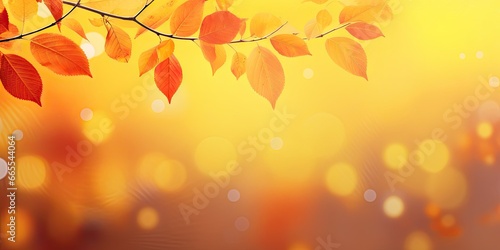 Golden splendor. Vibrant autumn leaves in sunny forest. Nature palette. Fall foliage in shades of yellow red and orange. Close up of sunlit leaf © Bussakon