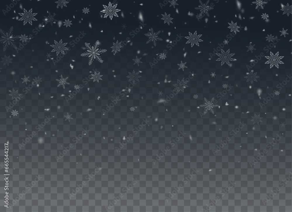 Christmas background with small falling snowflakes. Snow storm effect, blurred, cold wind with snow png. Holiday powder snow for cards, invitations, banners, advertising.	
