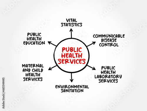 Public Health (science and art of preventing disease, prolonging life and promoting health through the organized efforts) services mind map text concept background