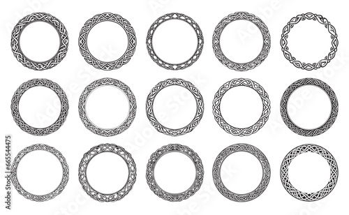 Irish Celtic vector round frame set, braided mandala pattern - greeting card and invitation background, St Patrick s Day ornament. Retro Celtic black and white borders pattern collection isolated
