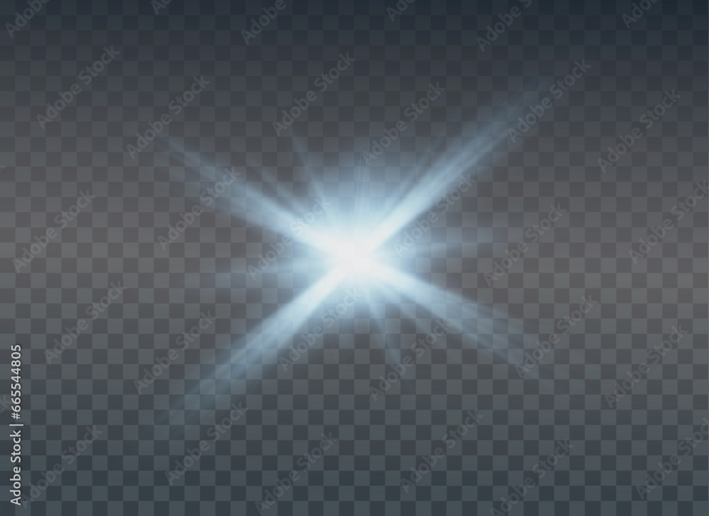 Set of realistic vector blue stars png. Set of vector suns png. White flares with highlights.	