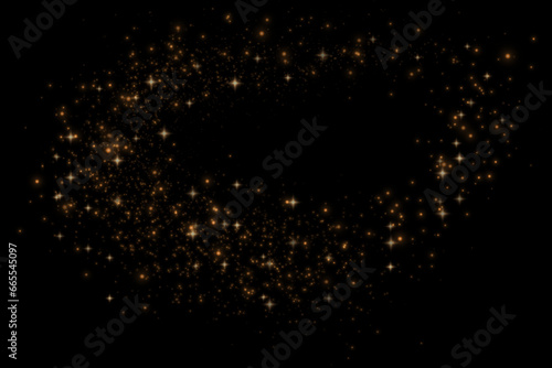 Christmas glowing bokeh confetti light and glitter texture overlay for your design. Festive sparkling gold dust png. Holiday powder dust for cards, invitations, banners, advertising. 