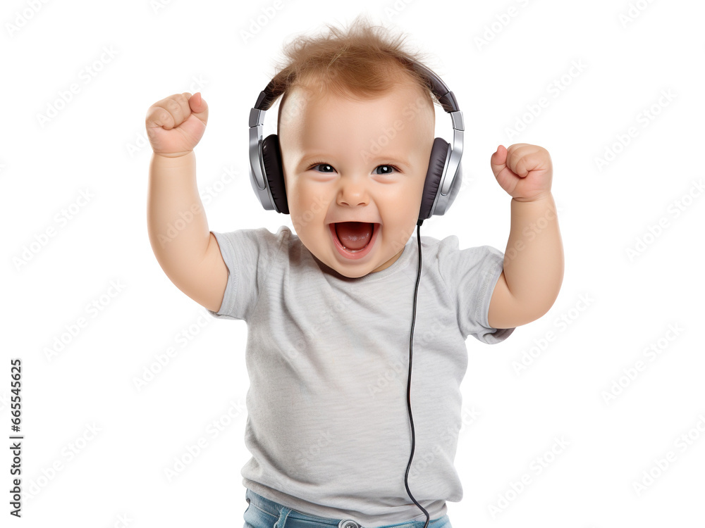 Cute happy kid deriving pleasure from beats and rhythm through headphones, cut out Cute happy kid deriving pleasure from beats and rhythm through headphones, cut out