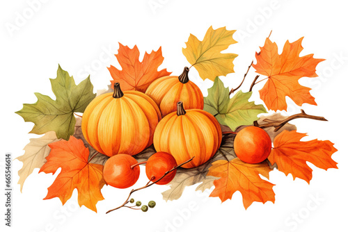 Autumn Leaves and Pumpkin Composition Watercolor Clip Art Illustration, White or Transparent Background for Halloween and Thanksgiving. PNG