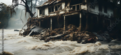 an old house sinking in rising flood water