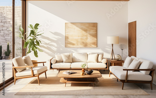 modern living room with sofa   Mid - century interior design of modern living room with white sofa and wooden chairs  Contemporary Interior Design Background  Living Room.