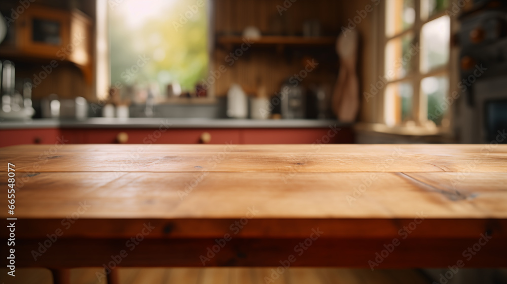 Wooden table in the foreground to compose an advertisement in an out of focus kitchen in a wooden house with windows. Copy space over the table